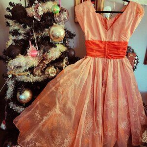 1950's Peachy Tangerine Flocked Swing Dress
